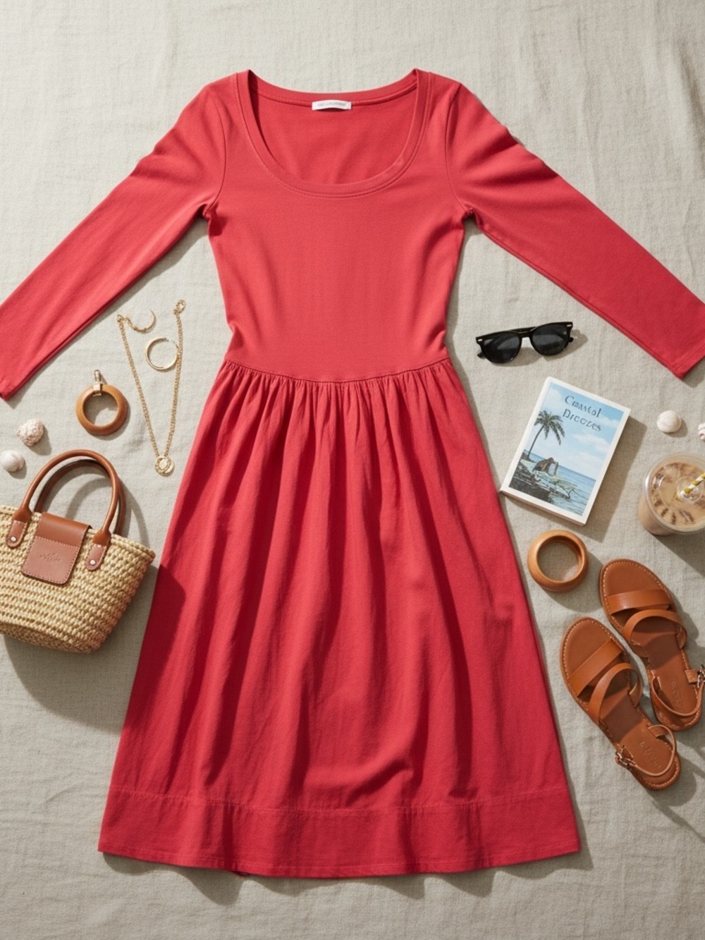 Free People Red Scoop-Neck Long-Sleeve Midi Dress